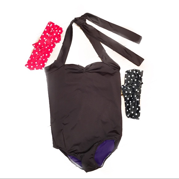 🖤Black Retro One Pc Swimsuit & Headbands Sz 8🖤 - Picture 4 of 4